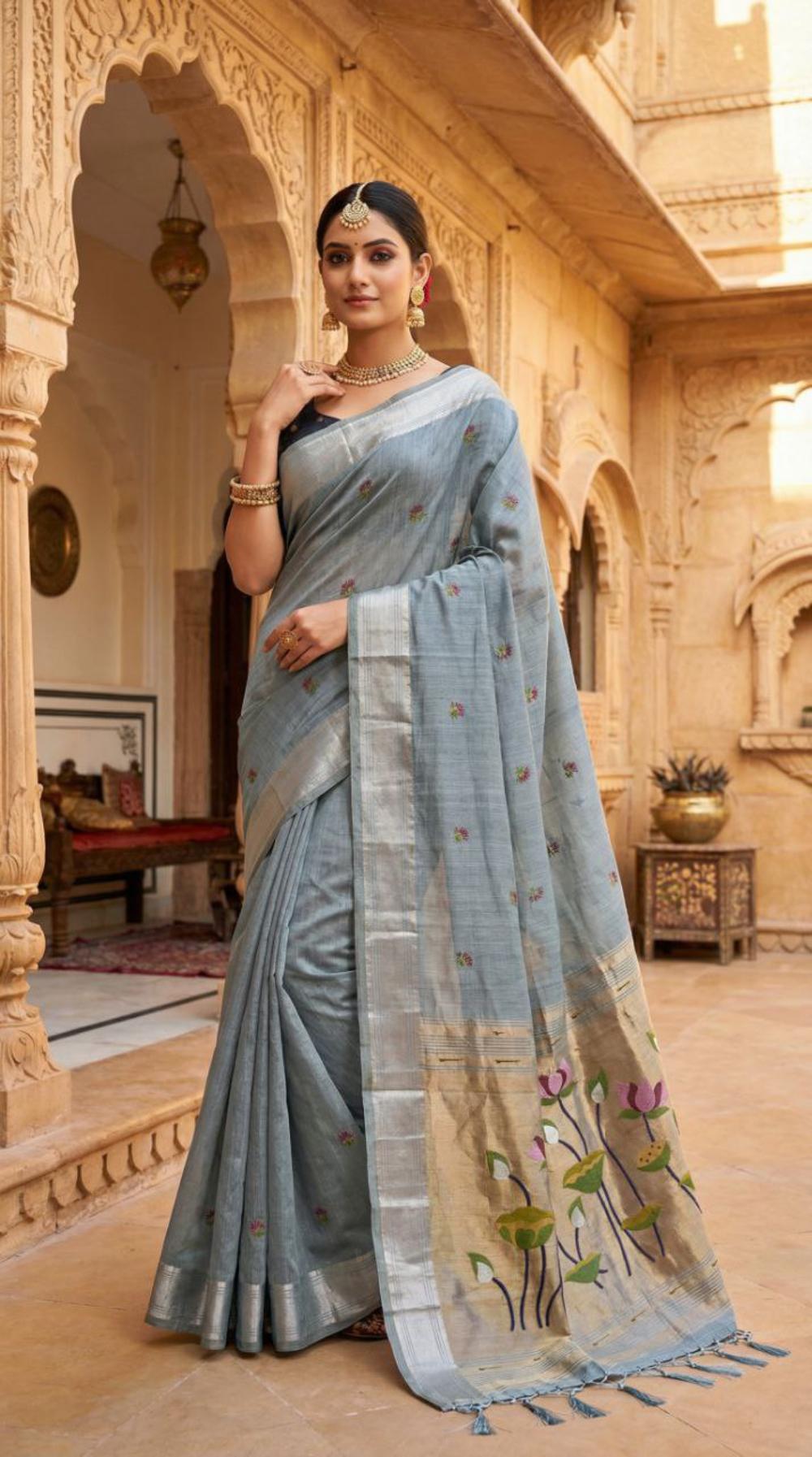 Mameraa Sarees Soft Pure Muga Cotton Saree With Meenakari Weaving Motifs And Contrast Blouse-Sky_Blue - Dista