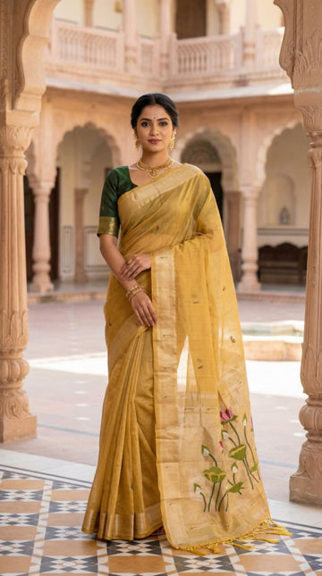 Mameraa Sarees Soft Pure Muga Cotton Saree With Meenakari Weaving Motifs And Contrast Blouse-Yellow - Dista