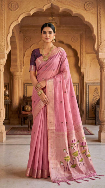 Mameraa Sarees Soft Pure Muga Cotton Saree With Meenakari Weaving Motifs And Contrast Blouse-Baby_Pink - Dista