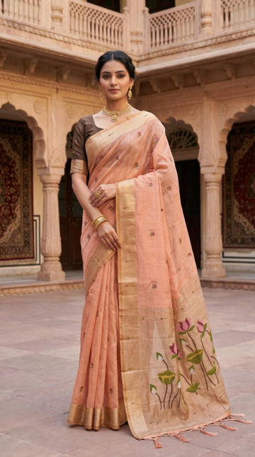Mameraa Sarees Soft Pure Muga Cotton Saree With Meenakari Weaving Motifs And Contrast Blouse-Peach - Dista