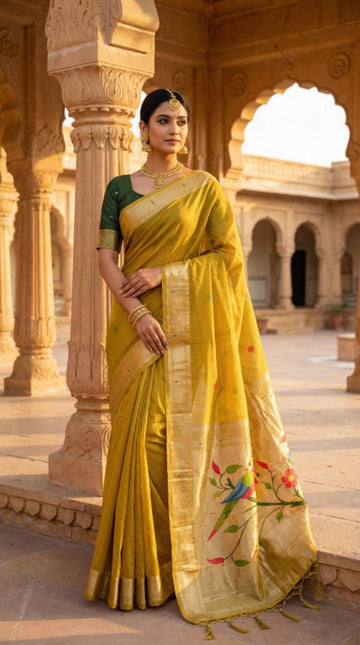 Mameraa Sarees Soft Pure Muga Cotton Saree With Meenakari Weaving Motifs And Contrast Blouse-Yellow - Dista