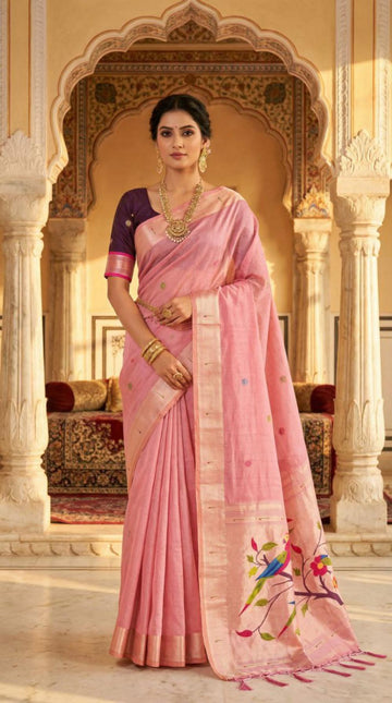 Mameraa Sarees Soft Pure Muga Cotton Saree With Meenakari Weaving Motifs And Contrast Blouse-Baby_Pink - Dista