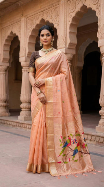 Mameraa Sarees Soft Pure Muga Cotton Saree With Meenakari Weaving Motifs And Contrast Blouse-Peach - Dista