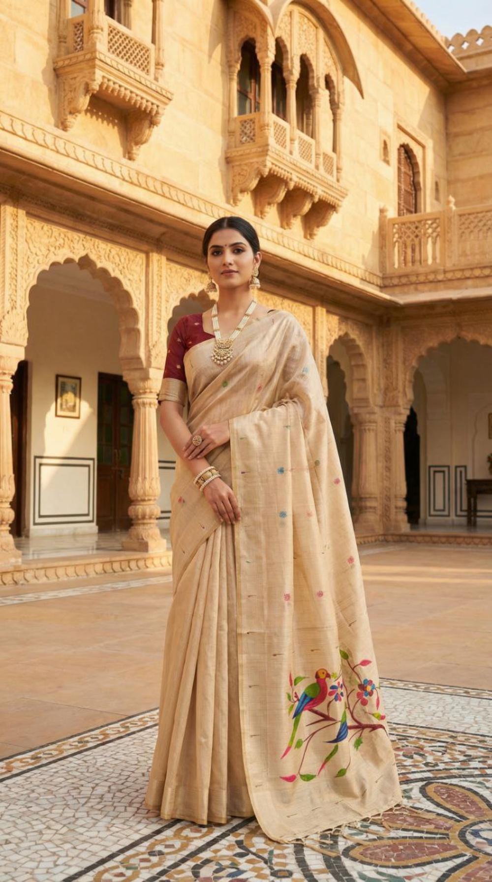 Mameraa Sarees Soft Pure Muga Cotton Saree With Meenakari Weaving Motifs And Contrast Blouse-Cream - Dista