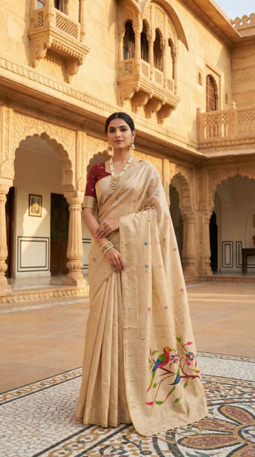 Mameraa Sarees Soft Pure Muga Cotton Saree With Meenakari Weaving Motifs And Contrast Blouse-Cream - Dista