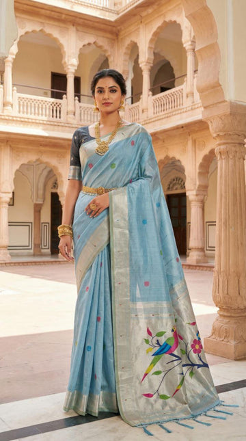 Mameraa Sarees Soft Pure Muga Cotton Saree With Meenakari Weaving Motifs And Contrast Blouse-Sky_Blue - Dista