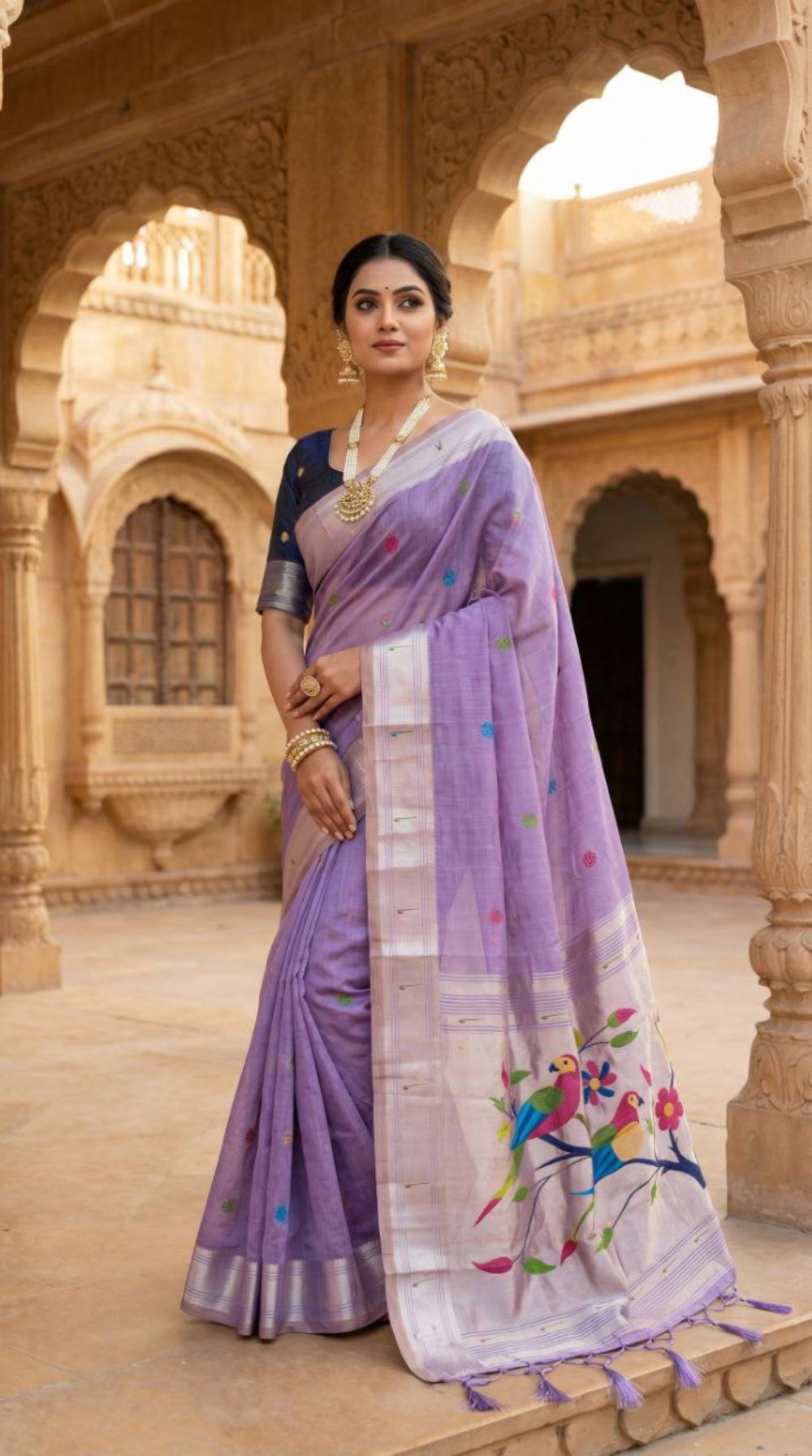 Mameraa Sarees Soft Pure Muga Cotton Saree With Meenakari Weaving Motifs And Contrast Blouse-Lavender - Dista