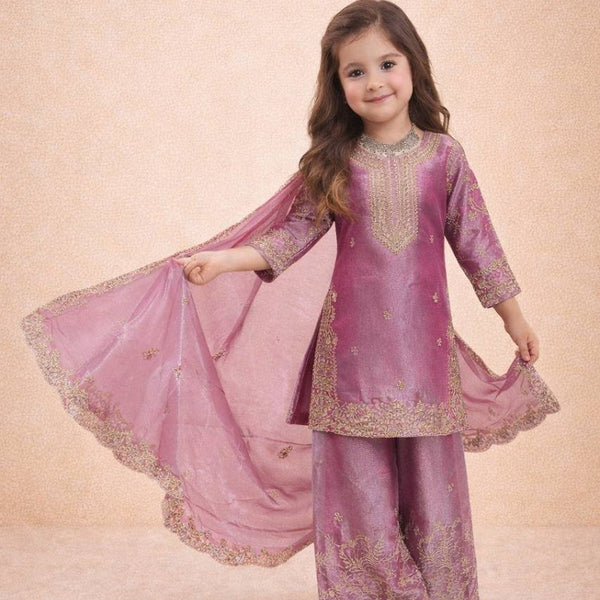 Evanik Pink Designer Party Wear Heavy Silk Kids Top Sharara & Dupatta Set - Distacart