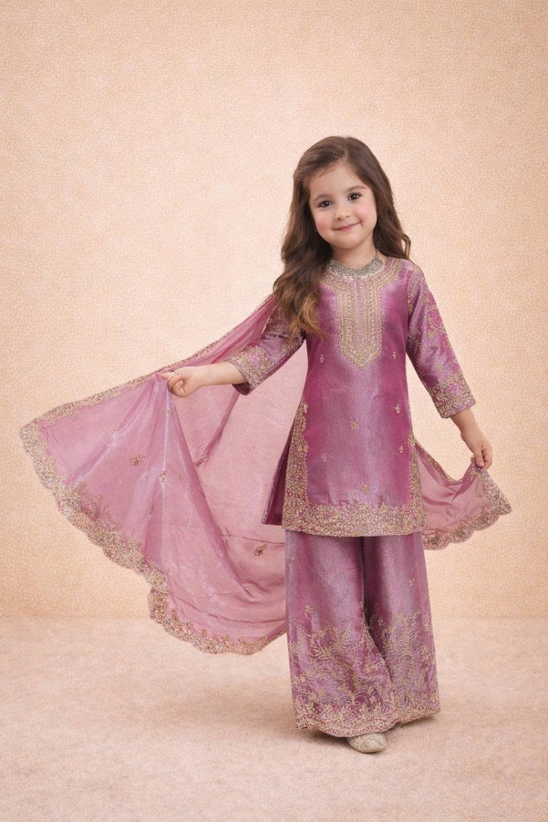 Evanik Pink Designer Party Wear Heavy Silk Kids Top Sharara & Dupatta Set - Distacart