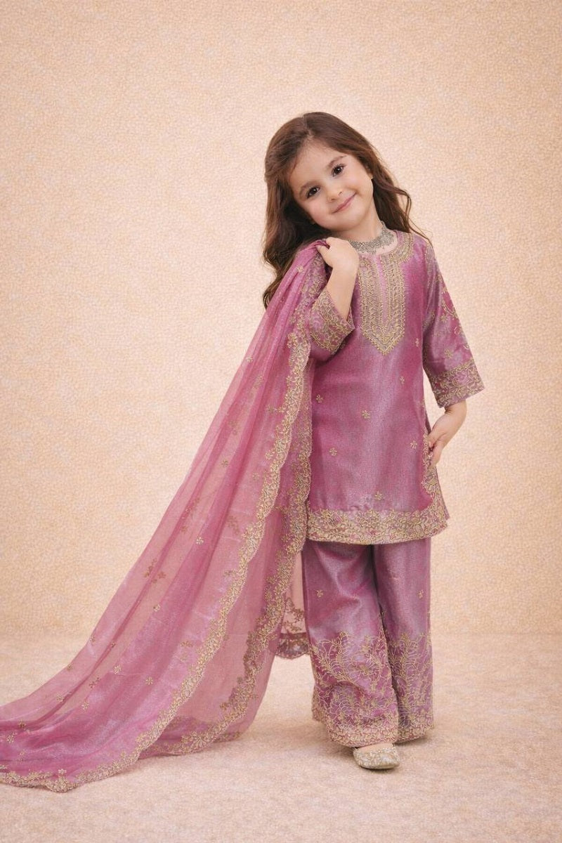 Evanik Pink Designer Party Wear Heavy Silk Kids Top Sharara & Dupatta Set - Distacart