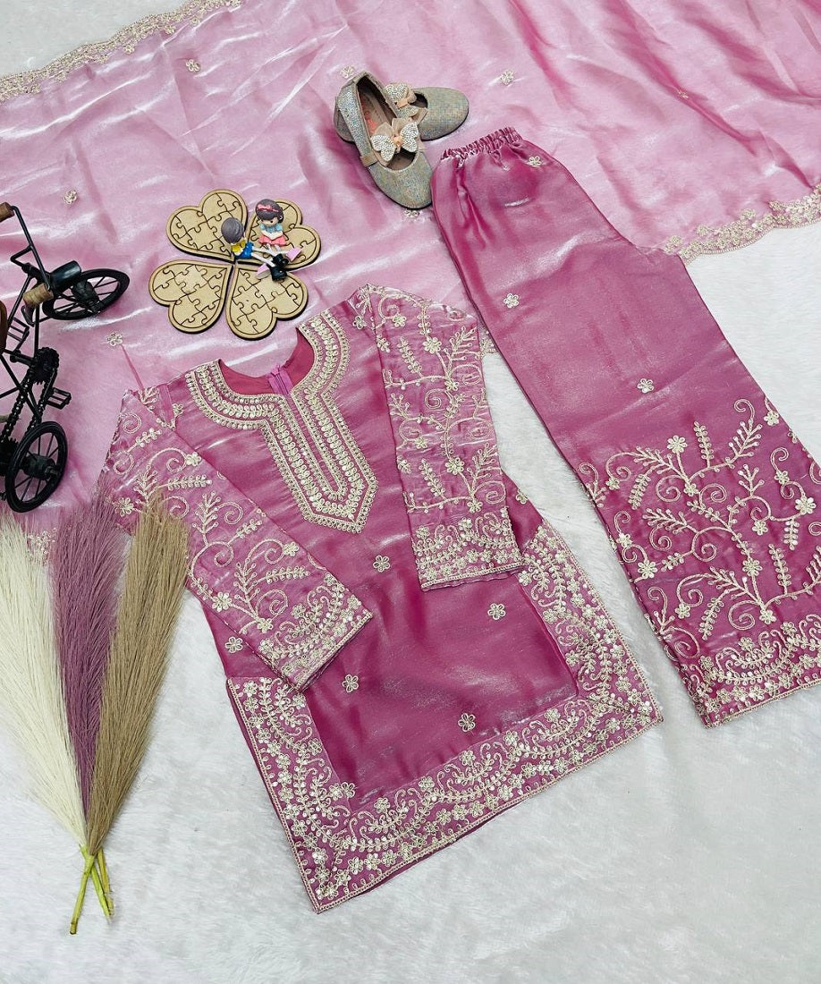 Evanik Pink Designer Party Wear Heavy Silk Kids Top Sharara & Dupatta Set - Distacart