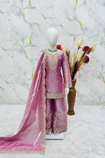 Thumbnail for Evanik Pink Designer Party Wear Heavy Silk Kids Top Sharara & Dupatta Set - Distacart