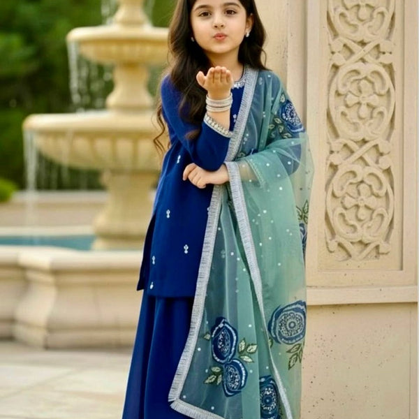 Evanik Blue Designer Viscose Velvet Embroidered Work Kids Kurta Palazzo Set - Distacart