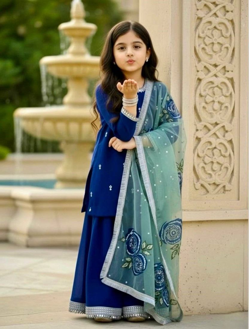 Evanik Blue Designer Viscose Velvet Embroidered Work Kids Kurta Palazzo Set - Distacart