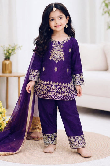 Evanik Purple Designer Party Wear Look Kids Top Salwar & Dupata - Dista