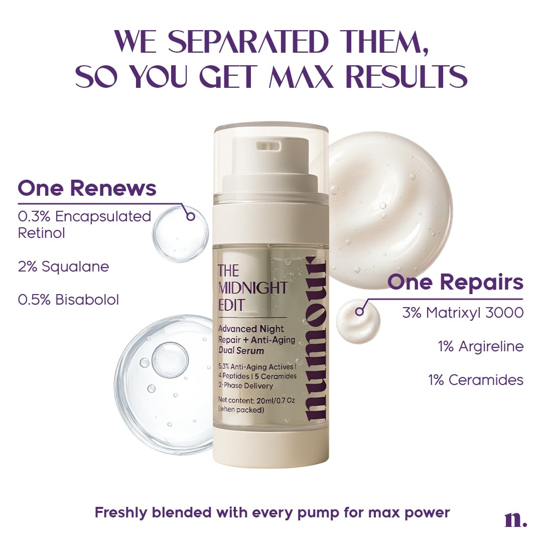 Numour Beginner Friendly Retinol Serum | Irritation Free | 0.3% encapsulated Retinol+4 Peptides+5 Ceramides | For Fine Lines & Wrinkles | Dermat Tested, Safe for Sensitive Skin |Face serum for Men & Women | The Midnight Edit Dual Anti-Aging Serum