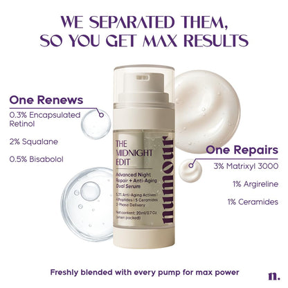 Numour Beginner Friendly Retinol Serum | Irritation Free | 0.3% encapsulated Retinol+4 Peptides+5 Ceramides | For Fine Lines & Wrinkles | Dermat Tested, Safe for Sensitive Skin |Face serum for Men & Women | The Midnight Edit Dual Anti-Aging Serum