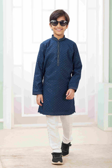 Raivat Ethnic Art Silk Embroidery Work Kids Kurta Pajama In Teal Blue Colour - Distacart