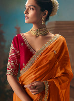 Thumbnail for Monjolika Fashion Orange Fancy Fabric Saree With Embroidered Work - Dista