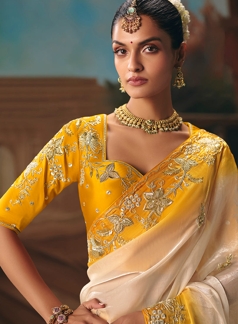 Monjolika Fashion Cream Fancy Fabric Saree With Embroidered Work - Dista