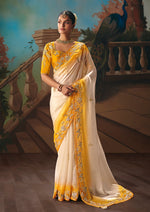 Thumbnail for Monjolika Fashion Cream Fancy Fabric Saree With Embroidered Work - Dista