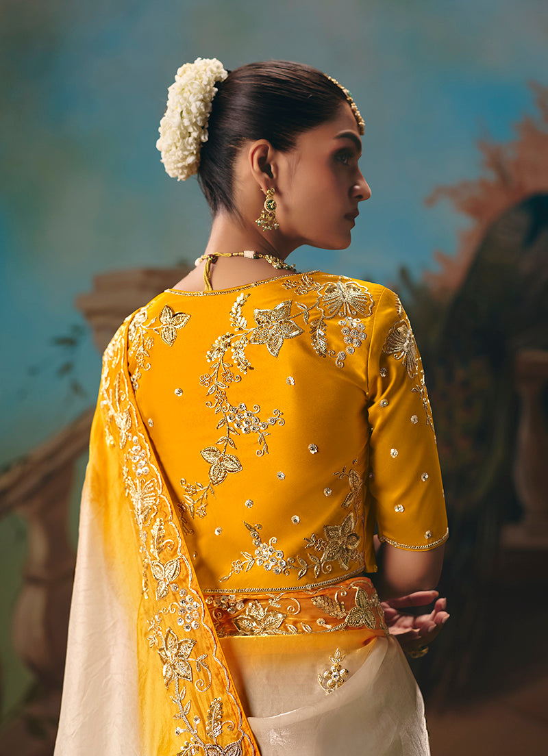 Monjolika Fashion Cream Fancy Fabric Saree With Embroidered Work - Dista