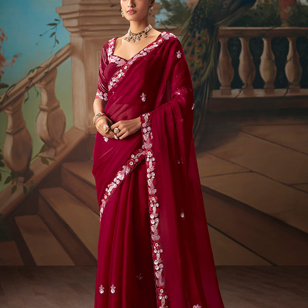 Monjolika Fashion Maroon Fancy Fabric Saree With Embroidered Work - Dista