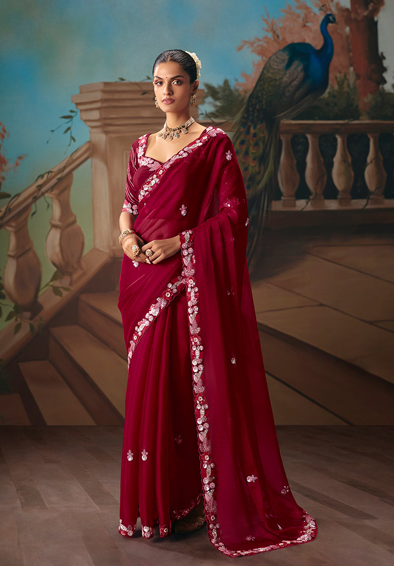 Monjolika Fashion Maroon Fancy Fabric Saree With Embroidered Work - Dista