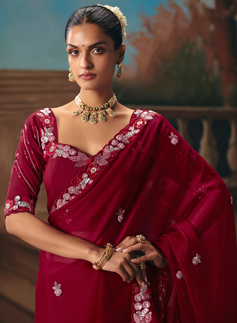 Monjolika Fashion Maroon Fancy Fabric Saree With Embroidered Work - Dista