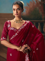 Thumbnail for Monjolika Fashion Maroon Fancy Fabric Saree With Embroidered Work - Dista