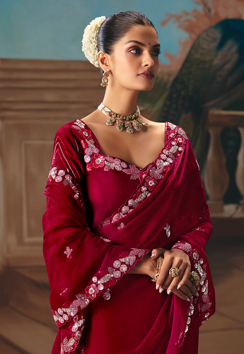 Monjolika Fashion Maroon Fancy Fabric Saree With Embroidered Work - Dista