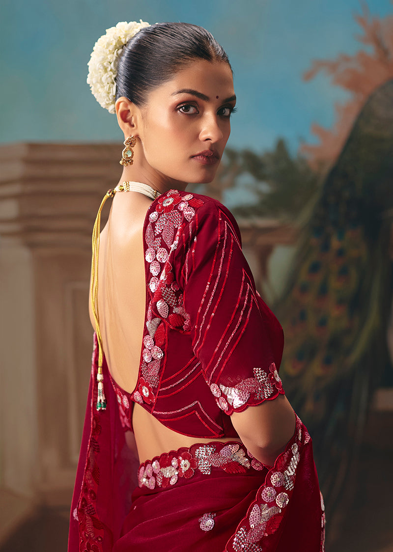 Monjolika Fashion Maroon Fancy Fabric Saree With Embroidered Work - Dista