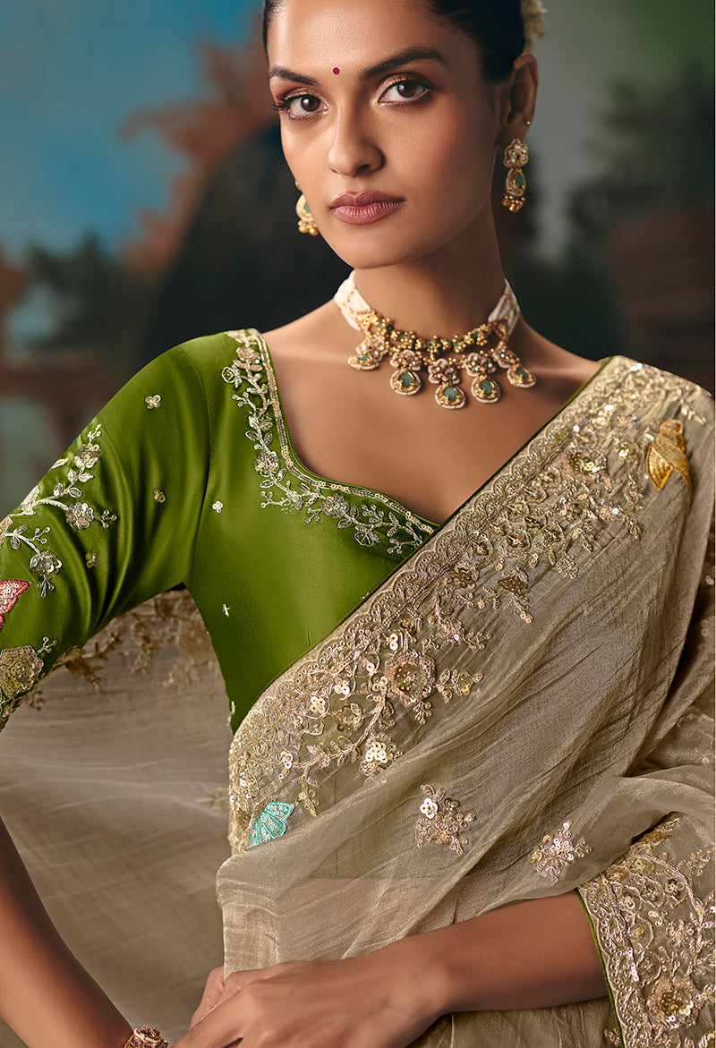 Monjolika Fashion Beige Fancy Fabric Saree With Embroidered Work - Dista