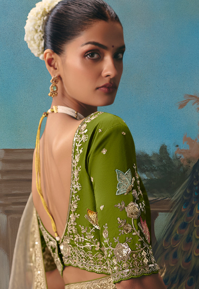Monjolika Fashion Beige Fancy Fabric Saree With Embroidered Work - Dista