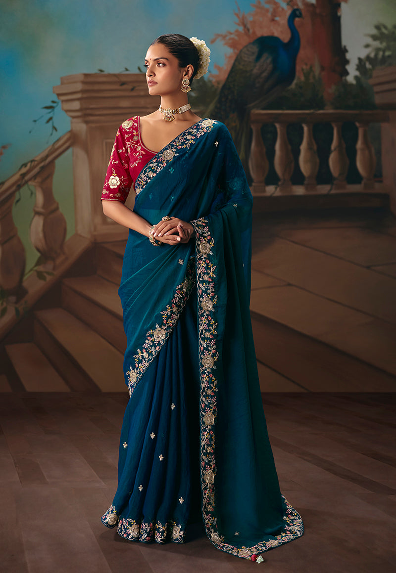 Monjolika Fashion Teal Blue Fancy Fabric Saree With Embroidered Work - Dista