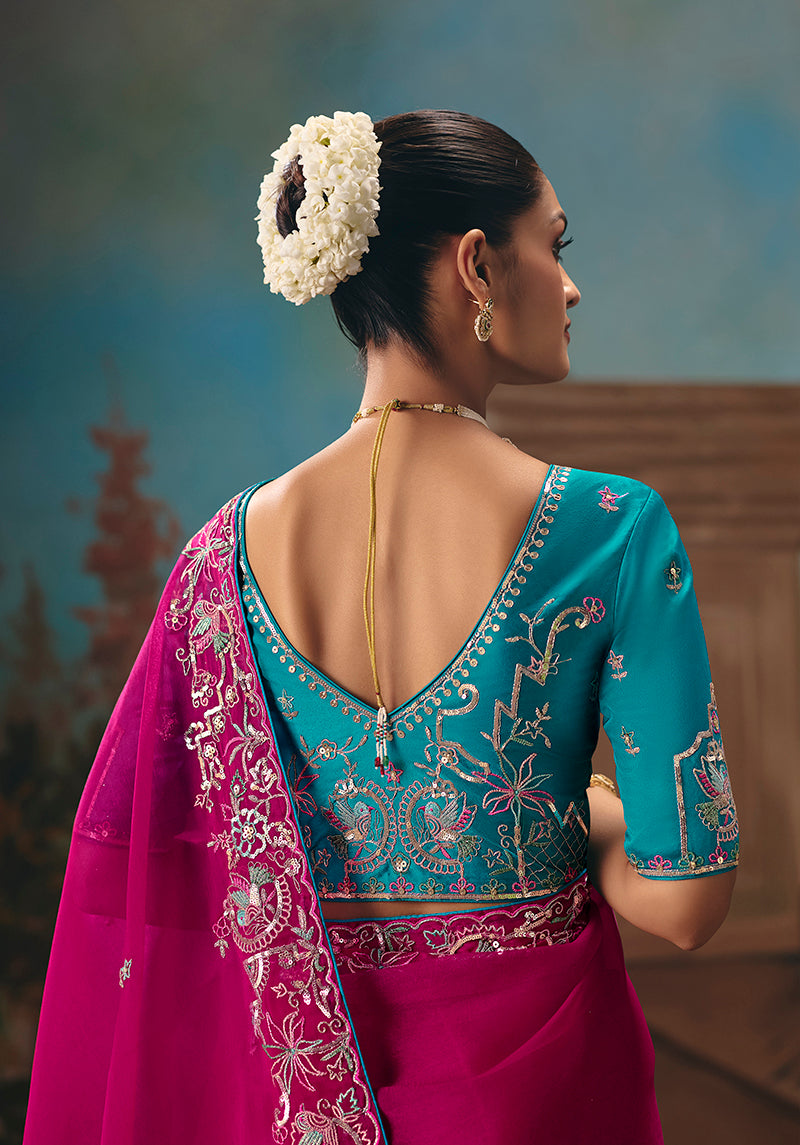Monjolika Fashion Rani Pink Fancy Fabric Saree With Embroidered Work - Dista