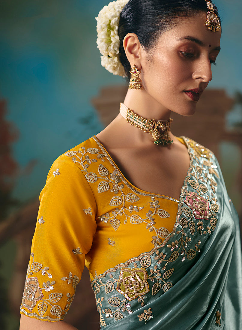 Monjolika Fashion Teal Fancy Fabric Saree With Embroidered Work - Dista