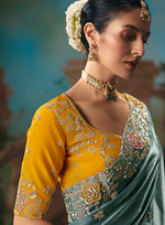 Thumbnail for Monjolika Fashion Teal Fancy Fabric Saree With Embroidered Work - Dista