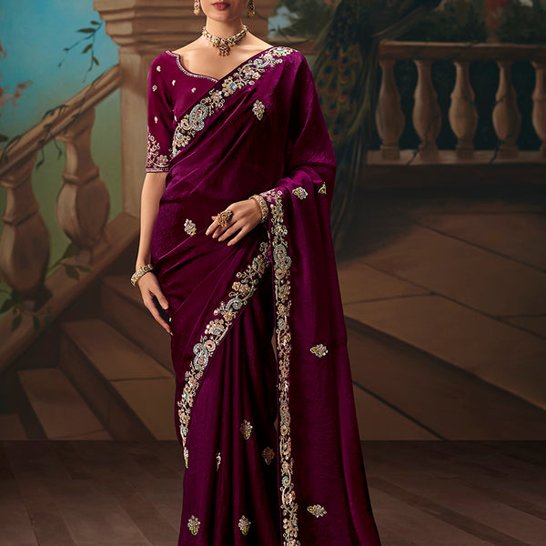 Monjolika Fashion Wine Fancy Fabric Saree With Embroidered Work - Dista