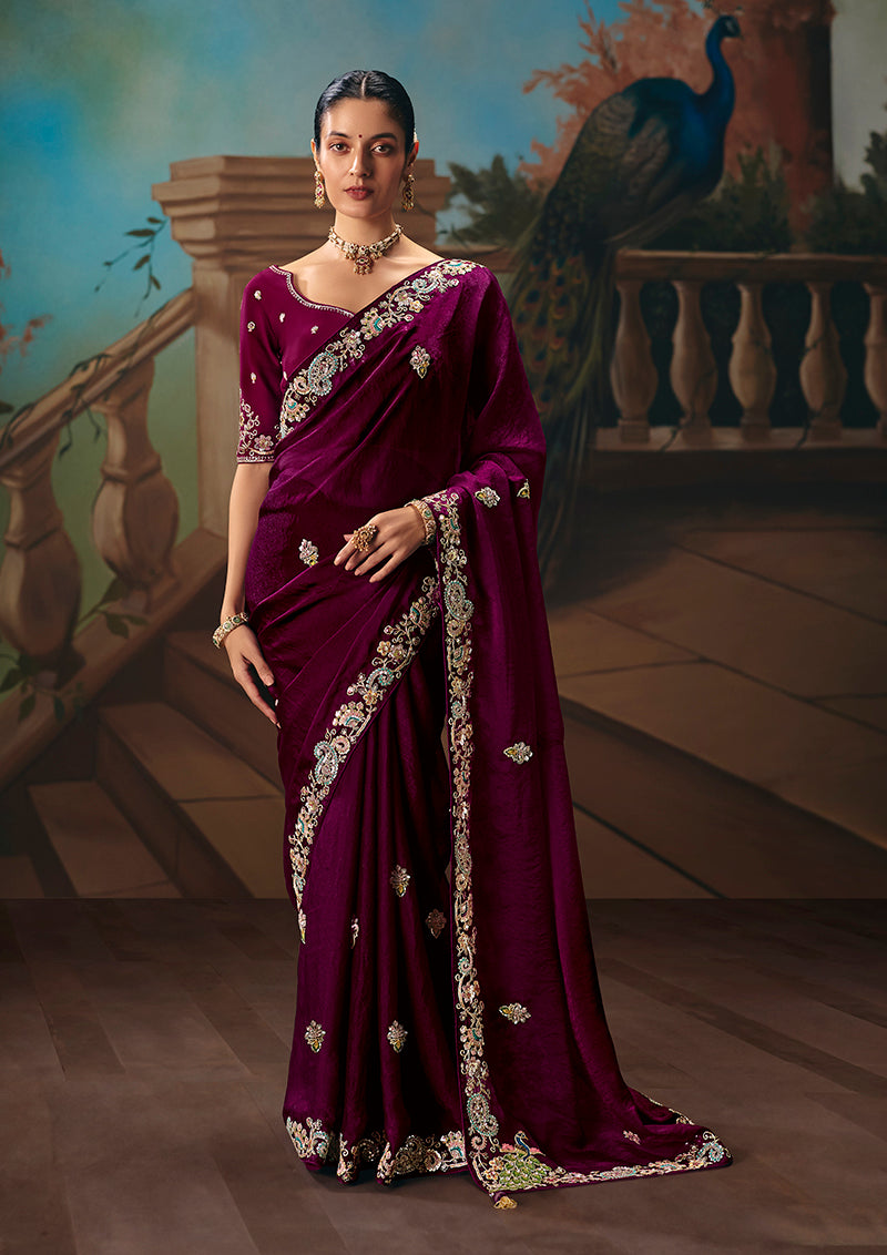 Monjolika Fashion Wine Fancy Fabric Saree With Embroidered Work - Dista