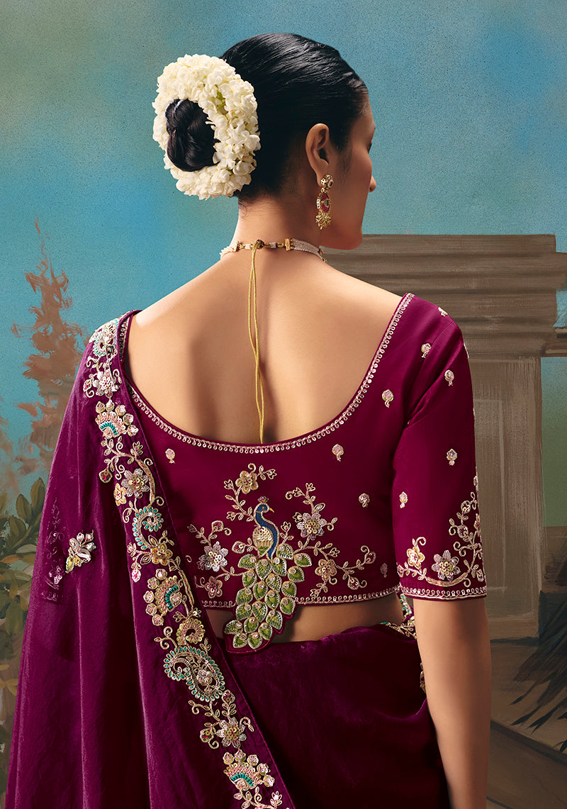 Monjolika Fashion Wine Fancy Fabric Saree With Embroidered Work - Dista