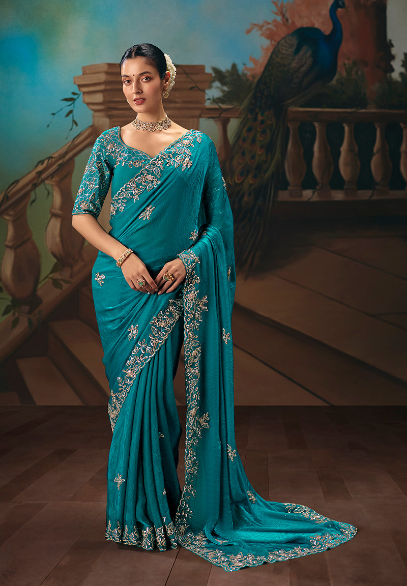 Monjolika Fashion Aqua Blue Fancy Fabric Saree With Embroidered Work - Dista