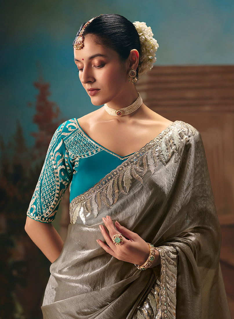 Monjolika Fashion Grey Fancy Fabric Saree With Embroidered Work - Dista