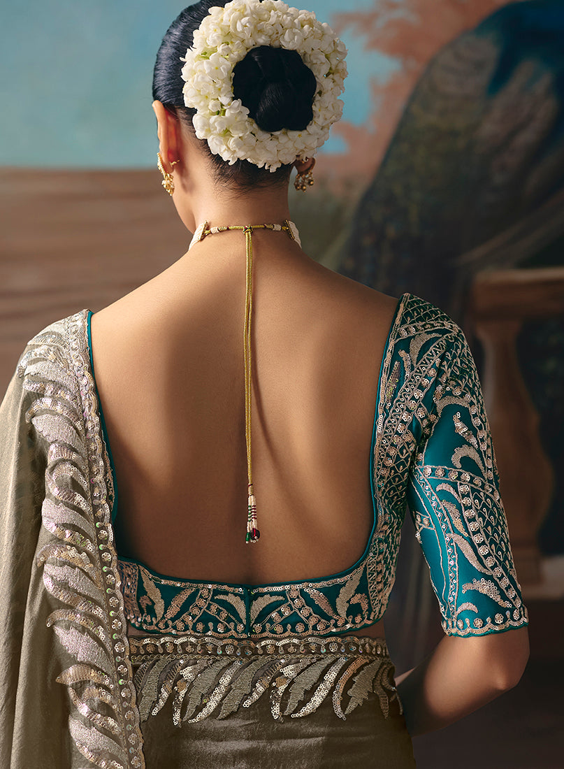 Monjolika Fashion Grey Fancy Fabric Saree With Embroidered Work - Dista
