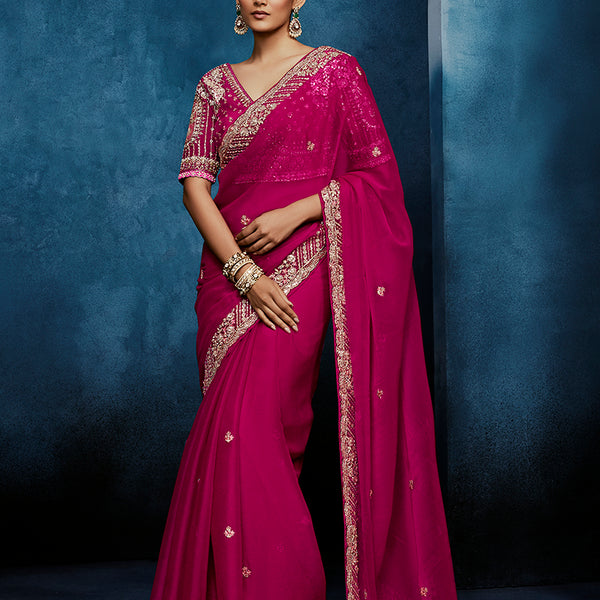 Monjolika Fashion Rani Pink Fancy Fabric Embroidered Saree With Stitched Blouse - Dista