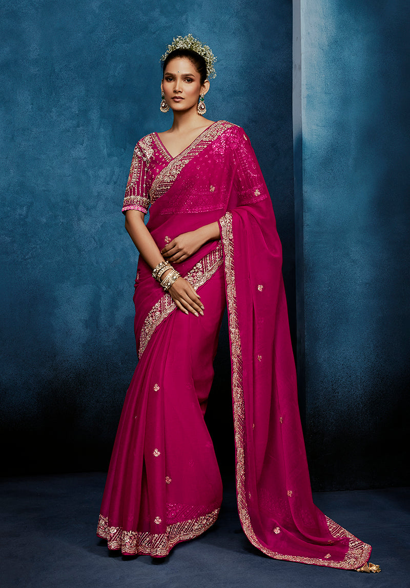 Monjolika Fashion Rani Pink Fancy Fabric Embroidered Saree With Stitched Blouse - Dista