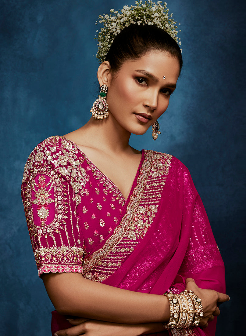 Monjolika Fashion Rani Pink Fancy Fabric Embroidered Saree With Stitched Blouse - Dista