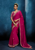 Thumbnail for Monjolika Fashion Rani Pink Fancy Fabric Embroidered Saree With Stitched Blouse - Dista