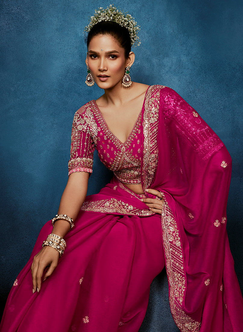 Monjolika Fashion Rani Pink Fancy Fabric Embroidered Saree With Stitched Blouse - Dista