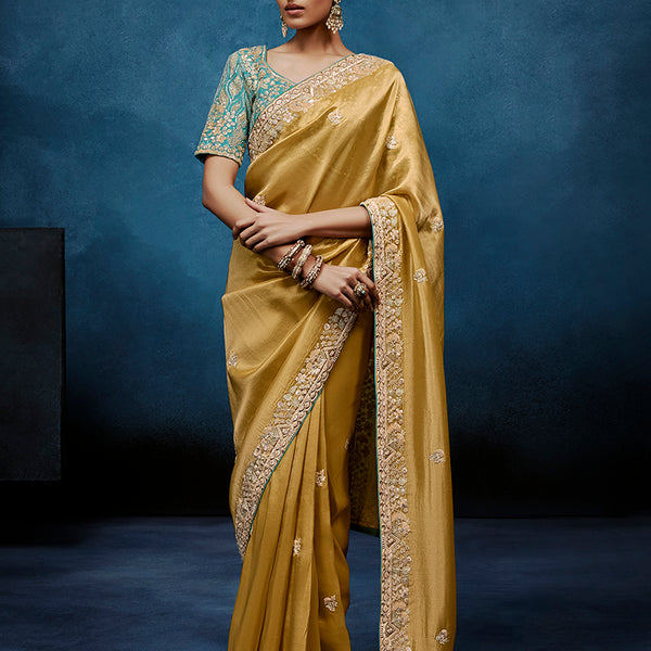 Monjolika Fashion Gold Fancy Fabric Embroidered Saree With Stitched Blouse - Dista